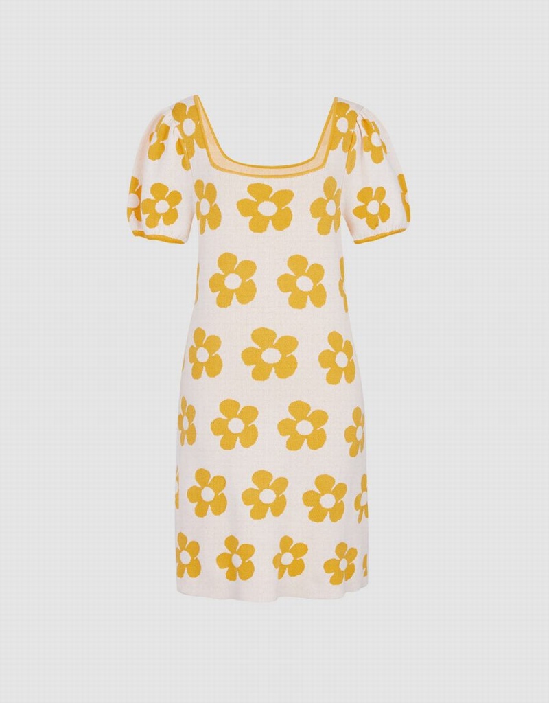 Urban Revivo Floral Pattern Puff Sleeve Knitted Women's Dress Yellow White | PYM6938WW