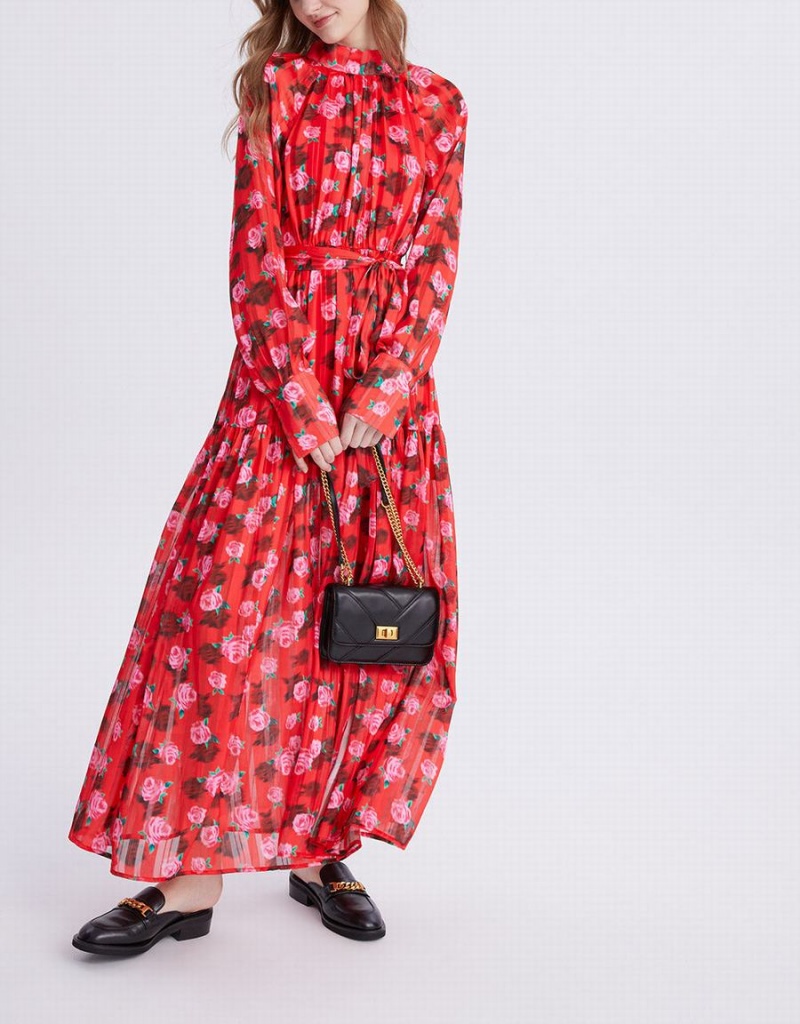 Urban Revivo Floral Print Belted Maxi Chiffon Women's Dress Red | ORD4994SG