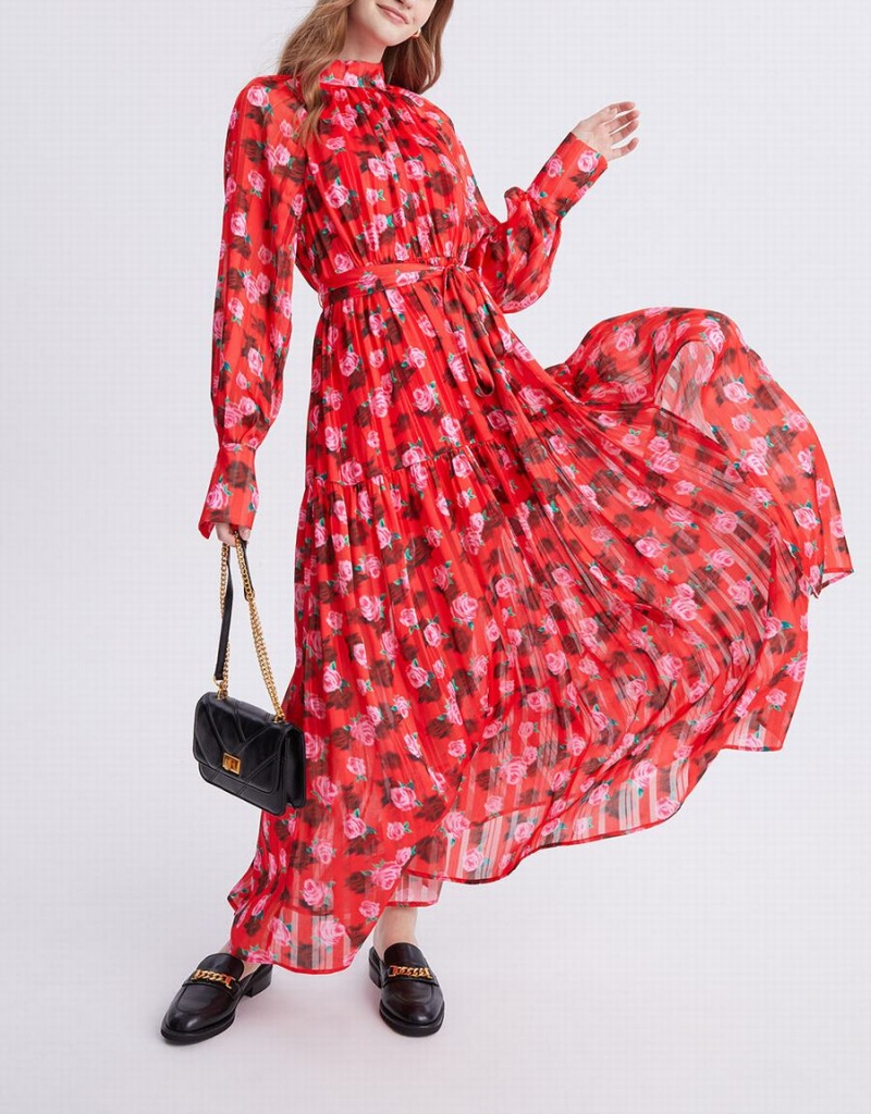 Urban Revivo Floral Print Belted Maxi Chiffon Women's Dress Red | ORD4994SG