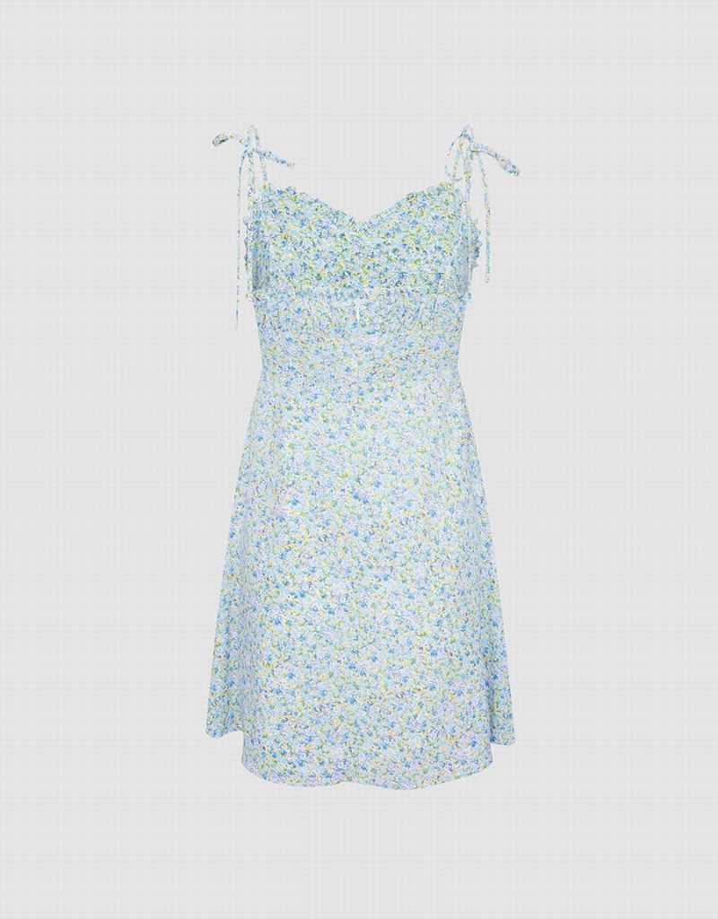 Urban Revivo Floral Print Cami Women's Dress Blue | ZXV4233ZM