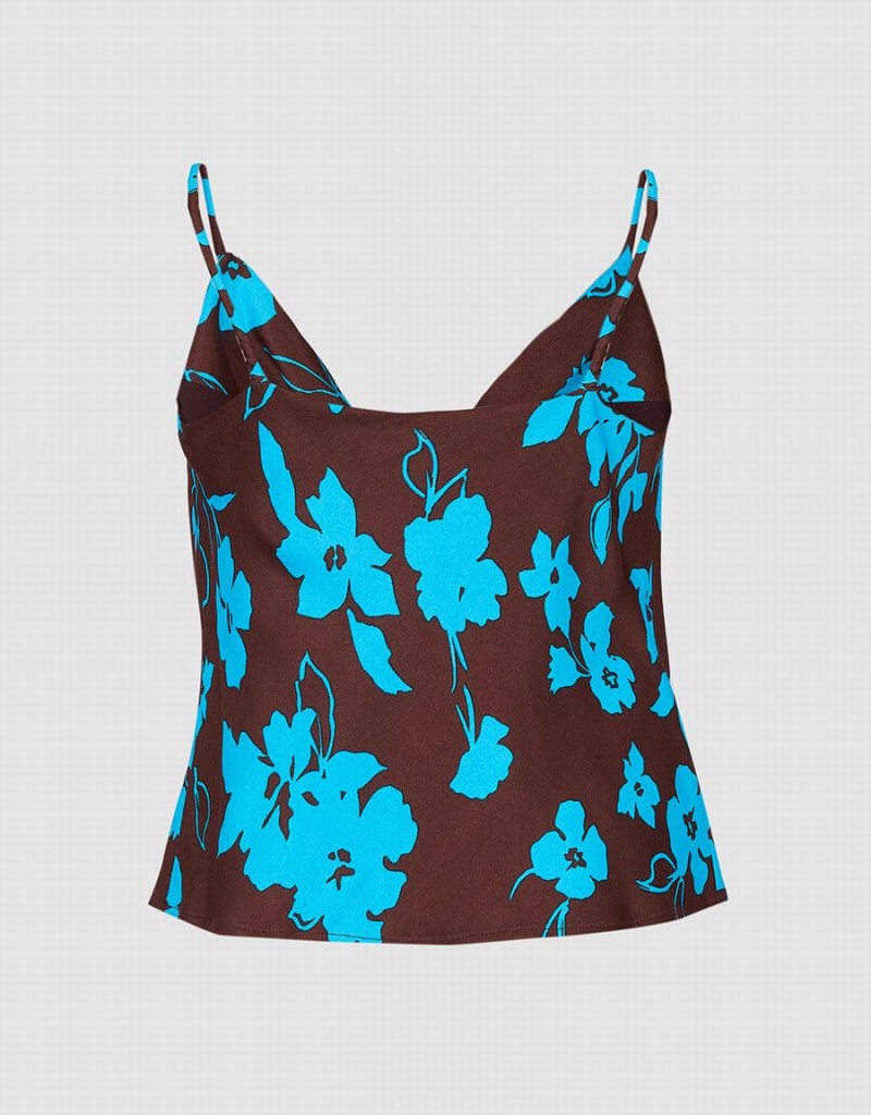 Urban Revivo Floral Print Cowl Neck Cami Women's Tank Top Blue | FMD7260OU