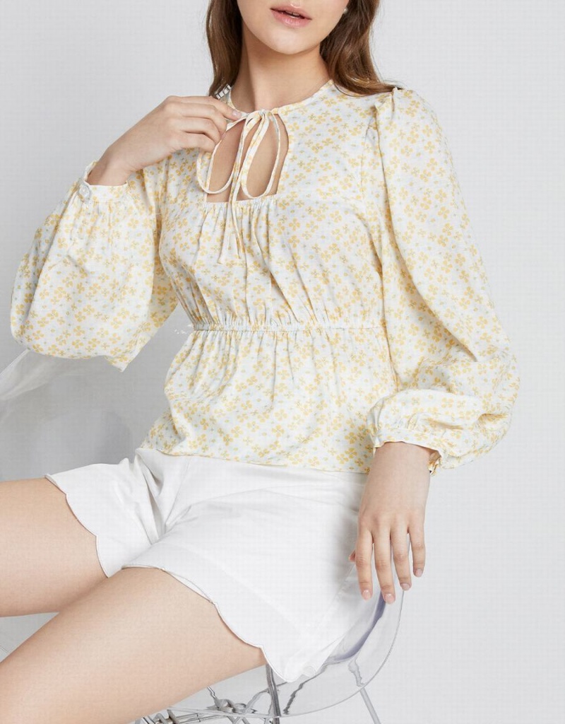 Urban Revivo Floral Print Cut Out Women's Blouse Yellow | UAQ897FY