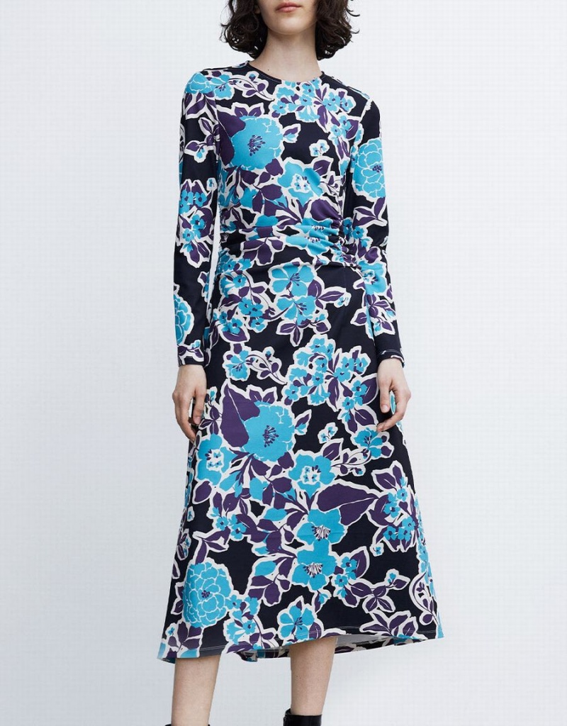 Urban Revivo Floral Print Knit Women's Dress Blue | XDB10035GR