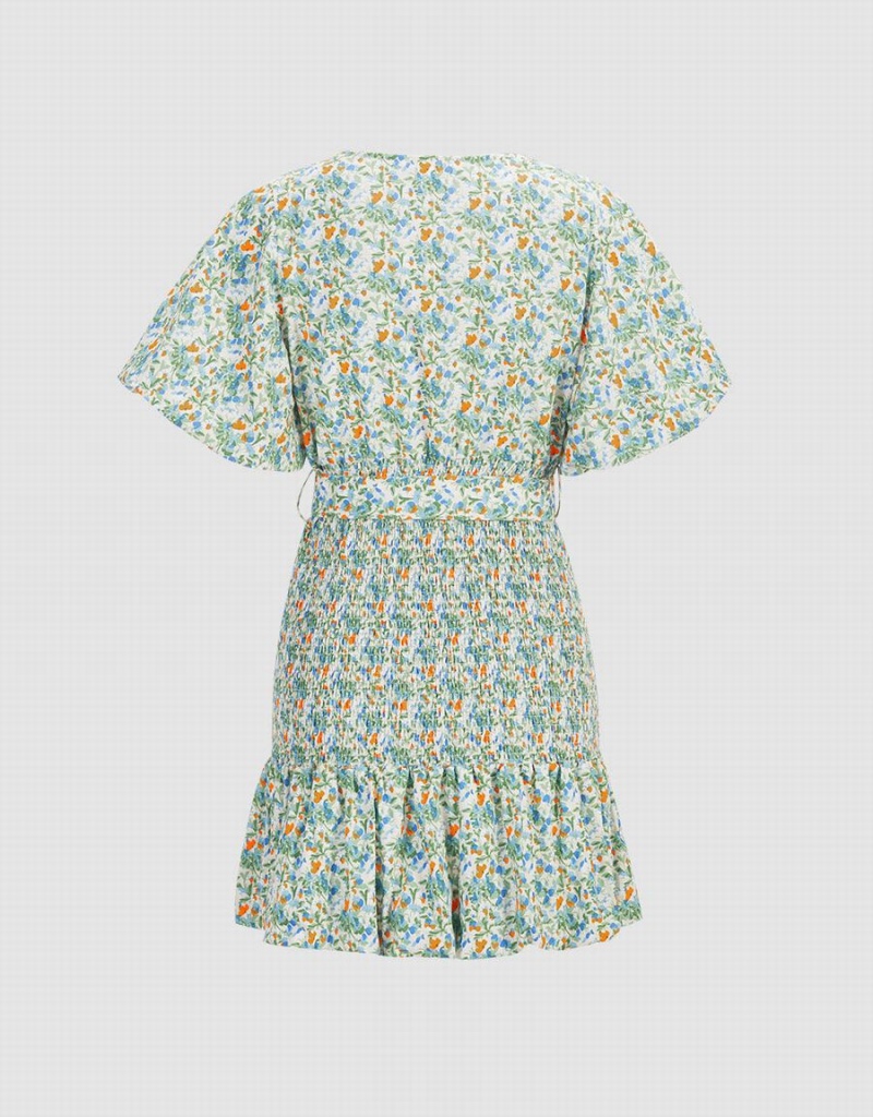 Urban Revivo Floral Print Shirred Belted Women's Dress Green | DDS1761OC