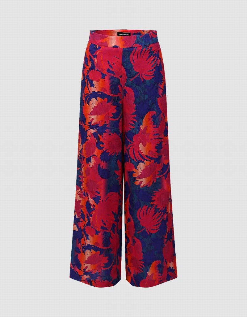 Urban Revivo Floral Printed Wide-Leg Women\'s Pants Red | REI1745ZP