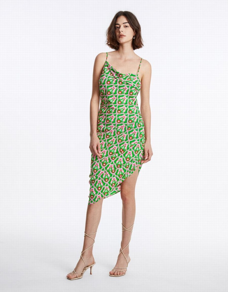 Urban Revivo Floral Ruched Cami Women's Dress Green | EQE6085AV