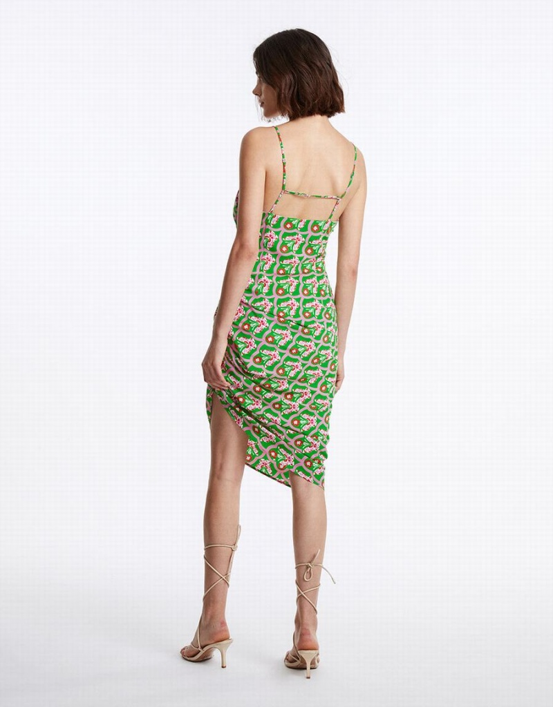 Urban Revivo Floral Ruched Cami Women's Dress Green | EQE6085AV