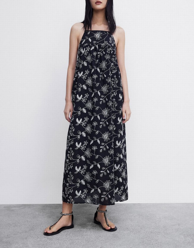 Urban Revivo Floral Sleeveless Midi Women's Dress Black | ICV703DX