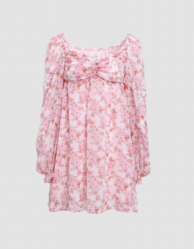 Urban Revivo Floral Square-cut Collar Women's Dress Pink | CUQ4922DS