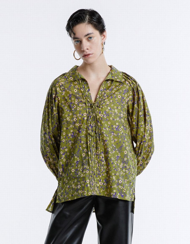 Urban Revivo Floral Tie Front Women's Blouse Green | PIP1374ZQ