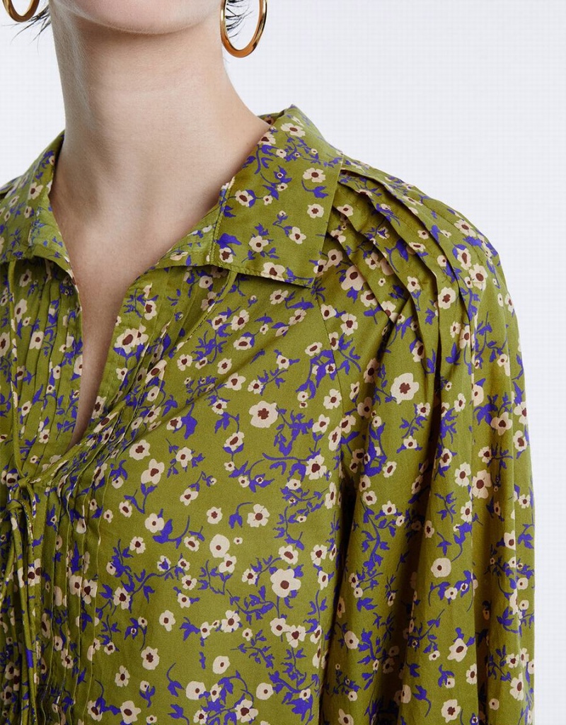 Urban Revivo Floral Tie Front Women's Blouse Green | PIP1374ZQ