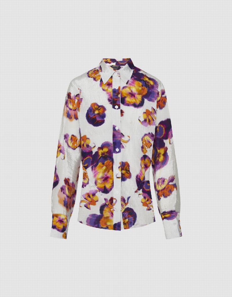 Urban Revivo Flower Printed Button Up Women's Shirts Purple | WUZ726RF