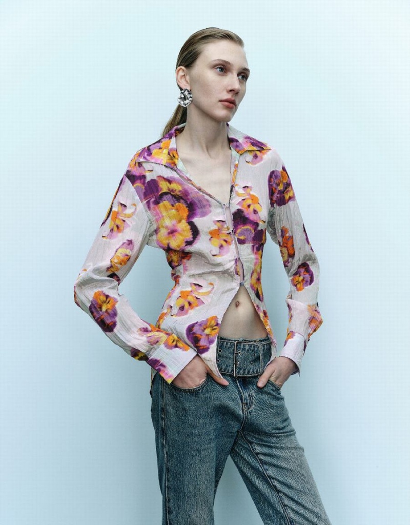 Urban Revivo Flower Printed Women's Shirts Blue | XKR3742ES