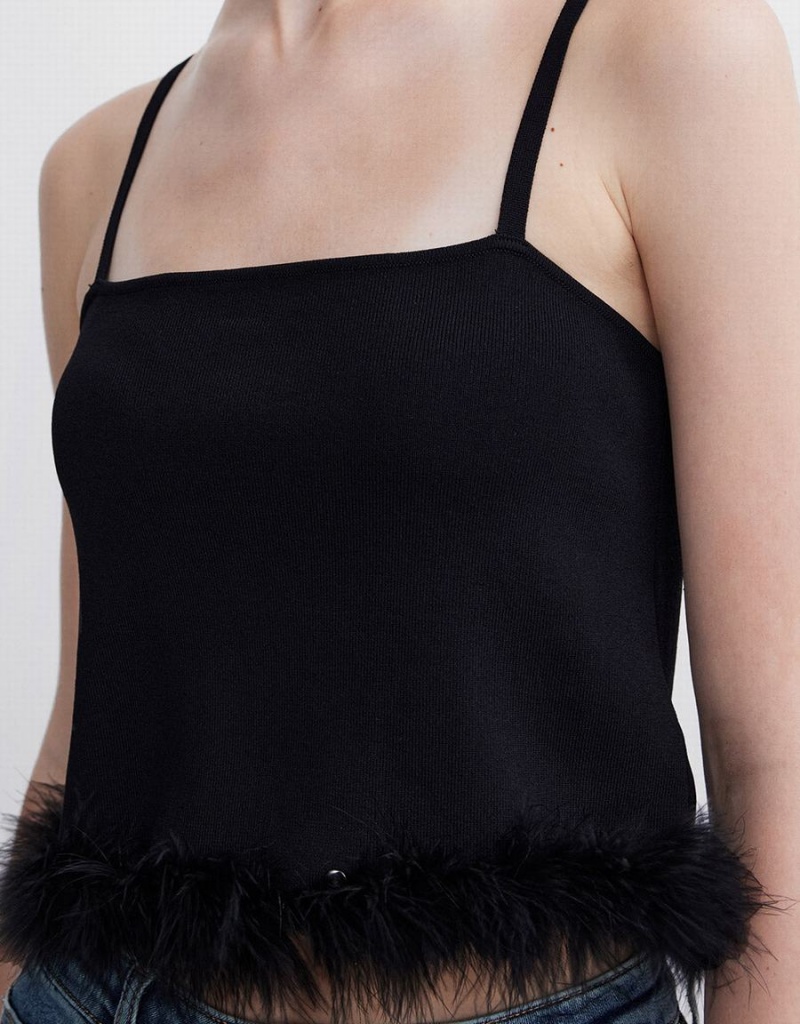 Urban Revivo Fluffy Trim Knitted Cami Women's Tank Top Black | WQN6032QV