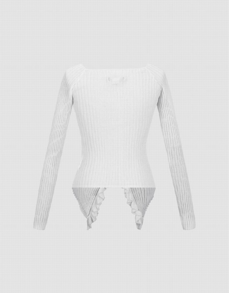 Urban Revivo Frill Trim Knitted Women's Cardigan White | RRE5315YH