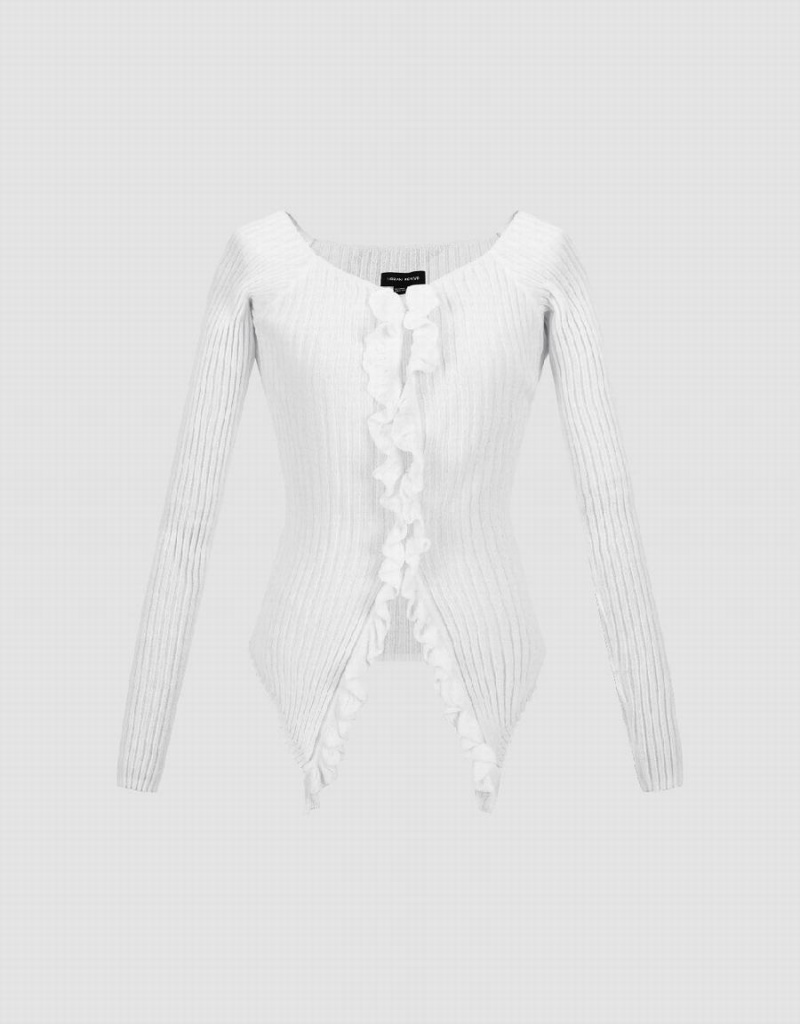 Urban Revivo Frill Trim Knitted Women's Cardigan White | RRE5315YH