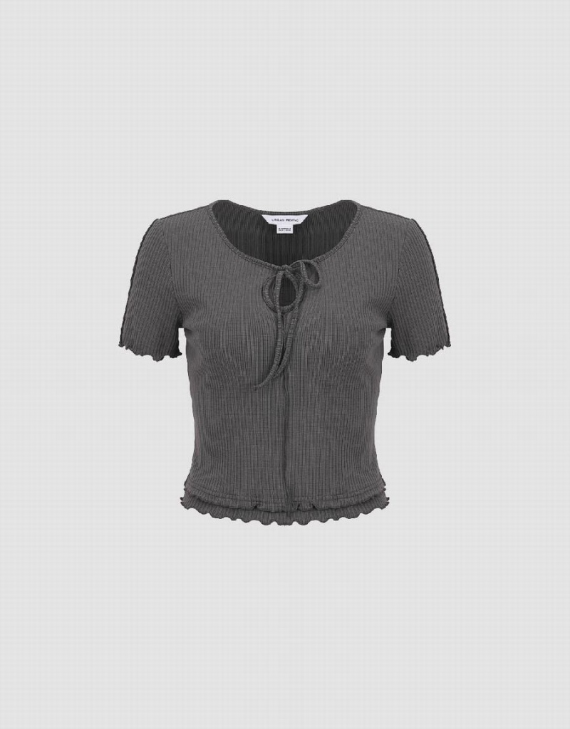 Urban Revivo Frill Trim Tie Front Knitted Women\'s T Shirts Grey | BWZ1083MU