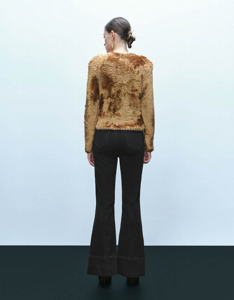 Urban Revivo Furry Crew Neck Knitted Women's Cardigan Gold | DKR9235NQ