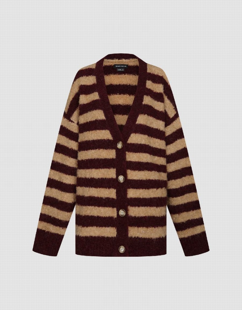 Urban Revivo Furry Striped V-Neck Knitted Women's Cardigan Brown Multicolor | PKG10079TO