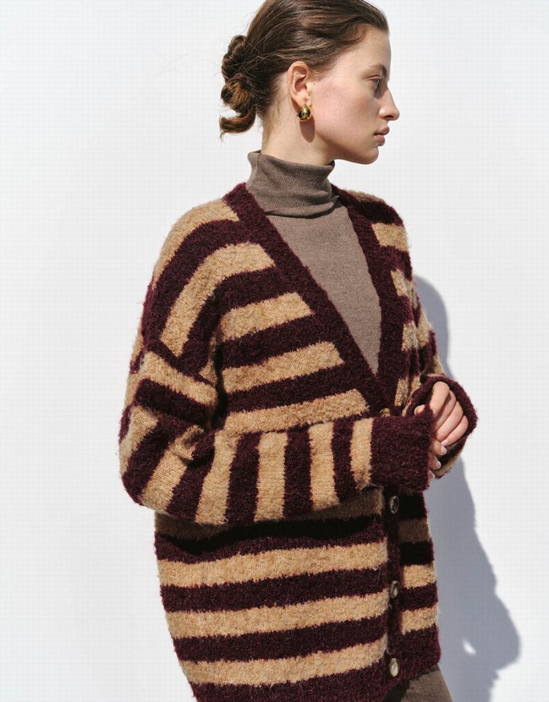 Urban Revivo Furry Striped V-Neck Knitted Women's Cardigan Brown Multicolor | PKG10079TO