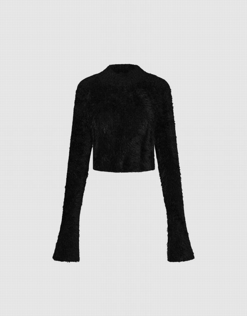 Urban Revivo Furry Turtle Neck Knitted Women's Cardigan Black | IBU896FQ