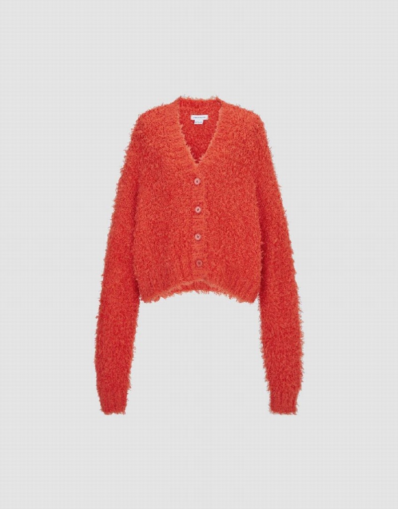 Urban Revivo Furry V-Neck Knitted Women's Cardigan Orange | RQV3592OB