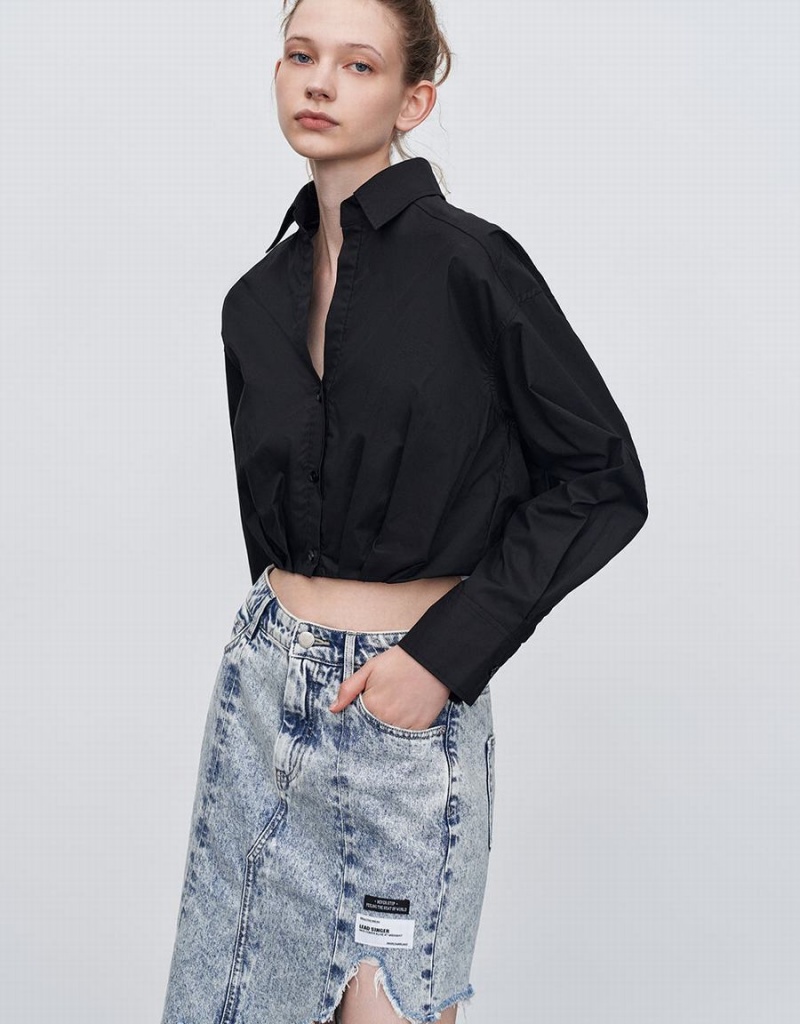 Urban Revivo Gathered Waist Cropped Cotton Women's Shirts Black | EJW2845AU