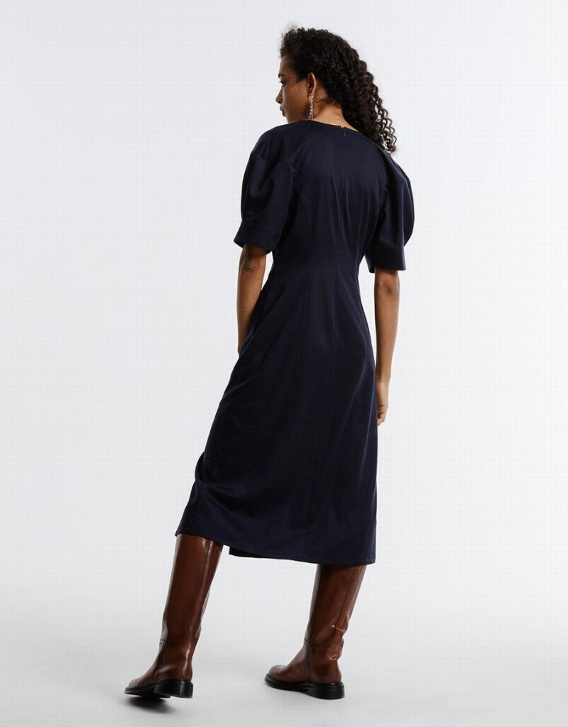 Urban Revivo Gathered Waist Puff Sleeve Women's Dress Blue | KGN1777GP