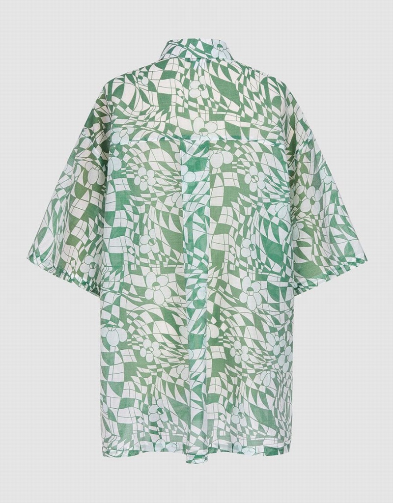 Urban Revivo Geometric Print Short Sleeve Women's Shirts Green | FET2385ID