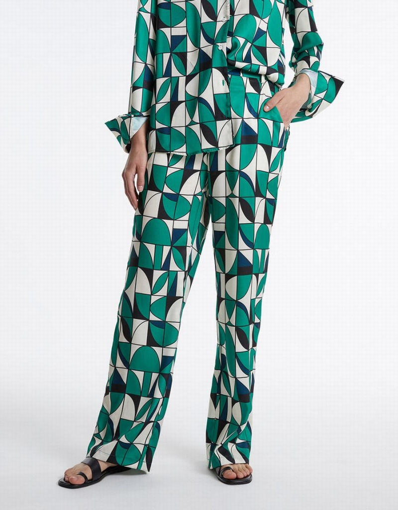 Urban Revivo Geometric Print Wide Leg Women's Pants Green Black White | JMJ7538QE