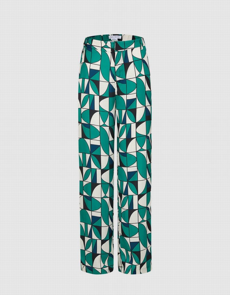 Urban Revivo Geometric Print Wide Leg Women\'s Pants Green Black White | JMJ7538QE