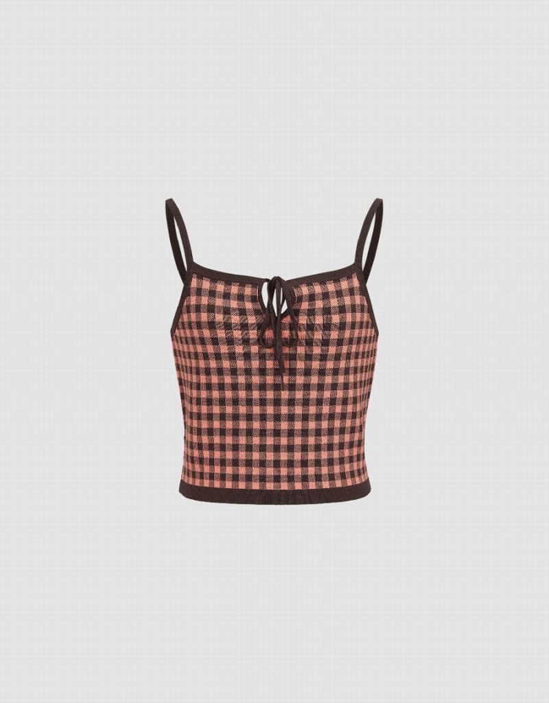 Urban Revivo Gingham Cami Top Women's Cardigan Brown | MEQ6852NW