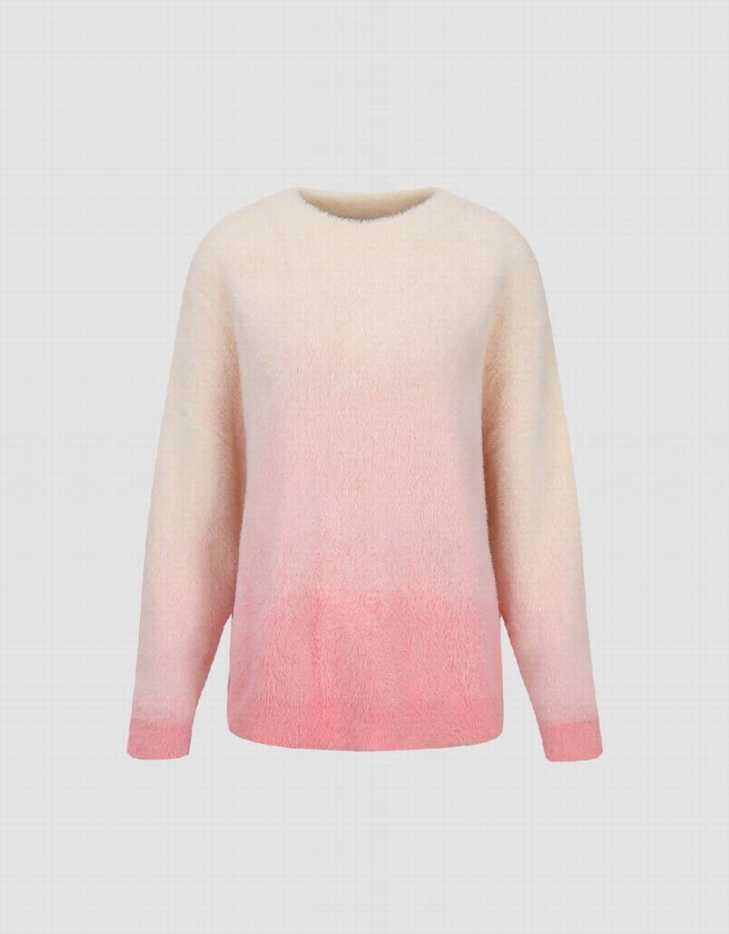 Urban Revivo Gradient Crew Neck Knitted Women's Cardigan White Pink | NKF9078NB