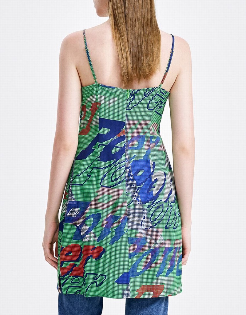 Urban Revivo Graffiti Print Cami Mini Women's Dress Green | PUK7047IA