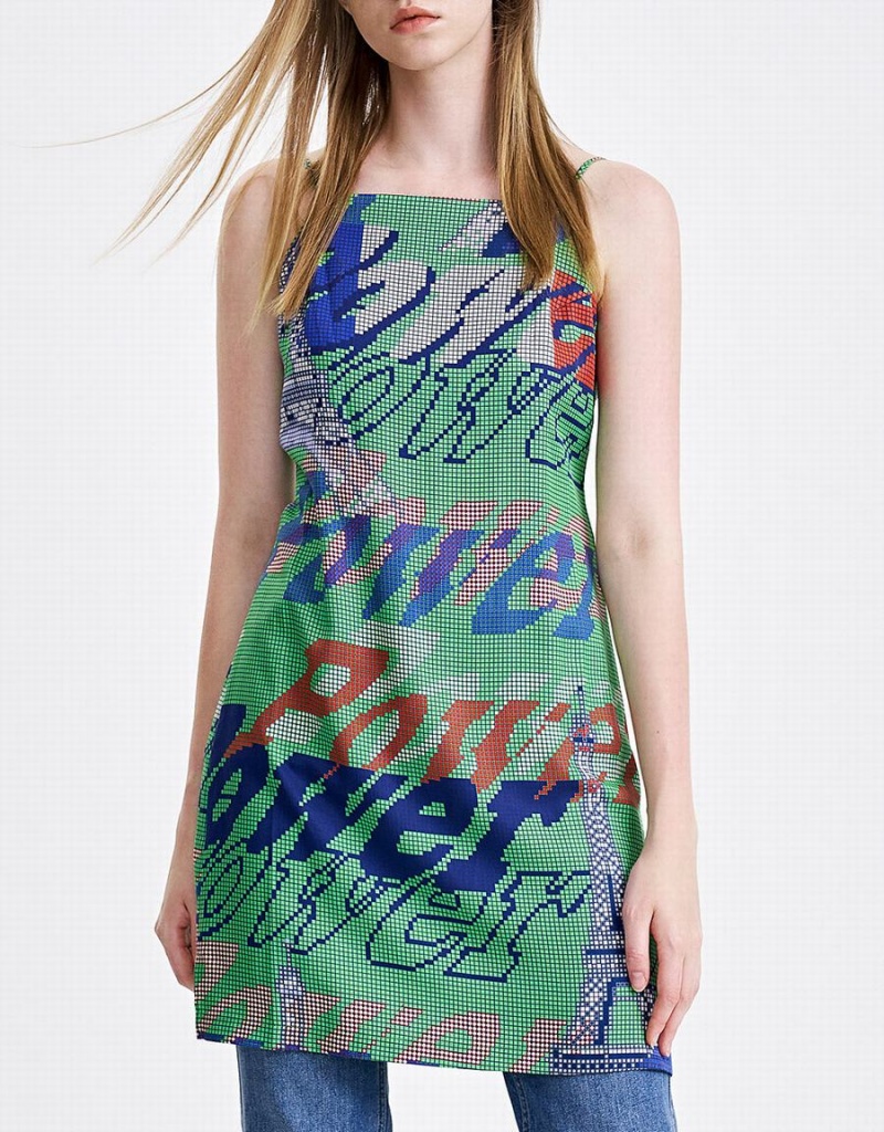 Urban Revivo Graffiti Print Cami Mini Women's Dress Green | PUK7047IA