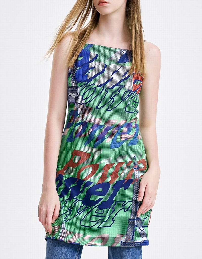 Urban Revivo Graffiti Print Cami Mini Women\'s Dress Green | PUK7047IA