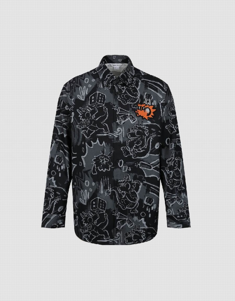 Urban Revivo Graffiti Printed Button Up Loose Men's Shirts Black | ITO1515NL