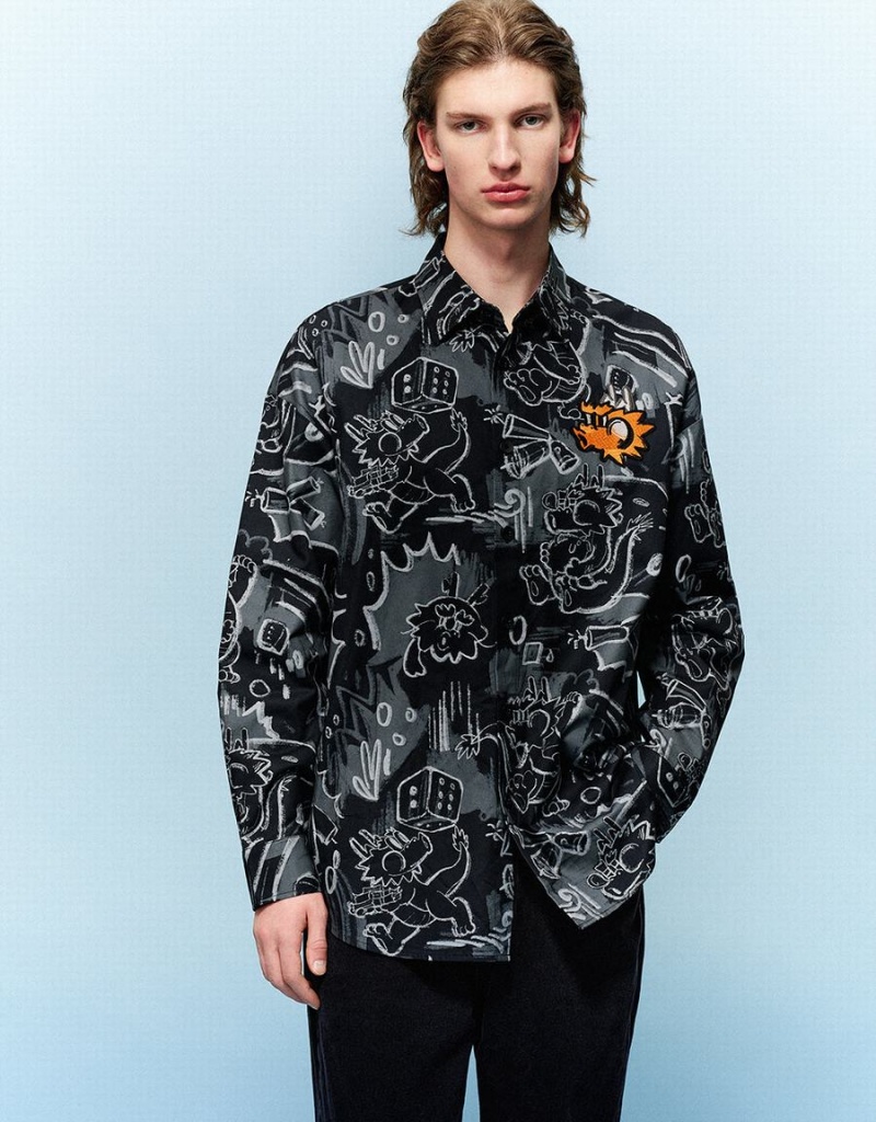 Urban Revivo Graffiti Printed Button Up Loose Men's Shirts Black | ITO1515NL