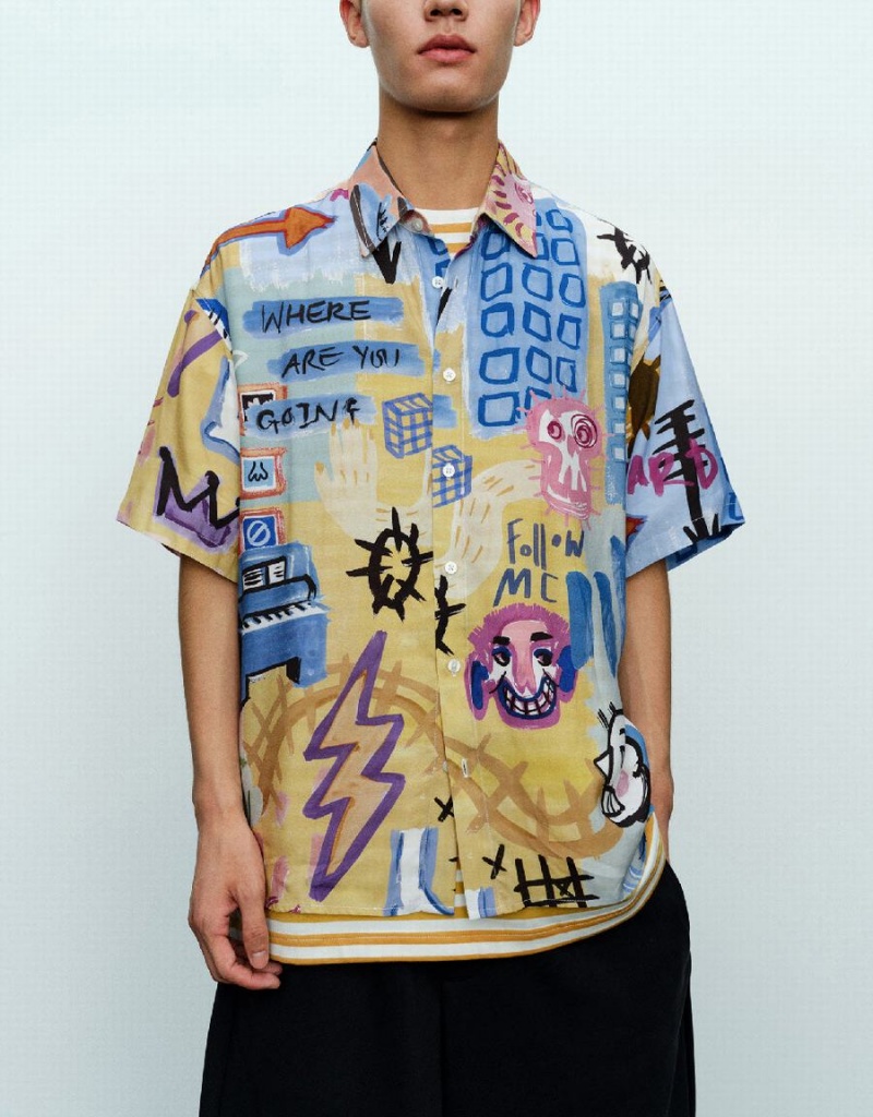 Urban Revivo Graffiti Printed Loose Men's Shirts Multicolor | KYI2946ZD