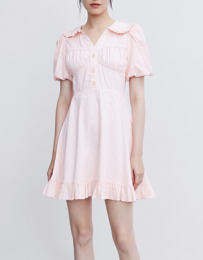 Urban Revivo Half Button Ruffle Hem Denim Women's Dress Pink | CYU267JQ