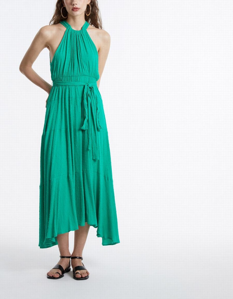 Urban Revivo Halter Belted Sleeveless Maxi Women's Dress Green | RZB727OU