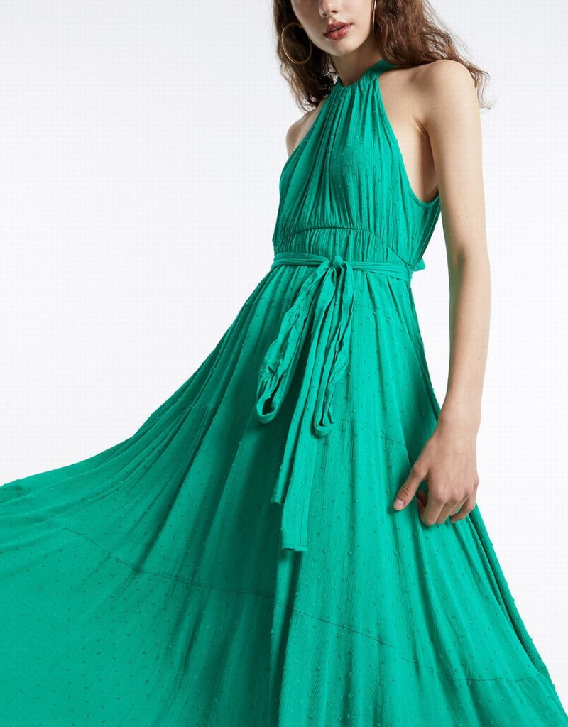 Urban Revivo Halter Belted Sleeveless Maxi Women's Dress Green | RZB727OU