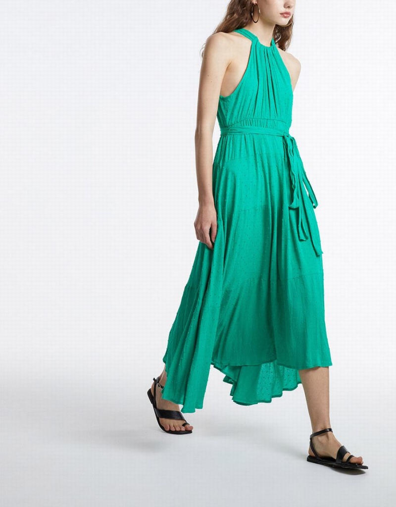 Urban Revivo Halter Belted Sleeveless Maxi Women's Dress Green | RZB727OU