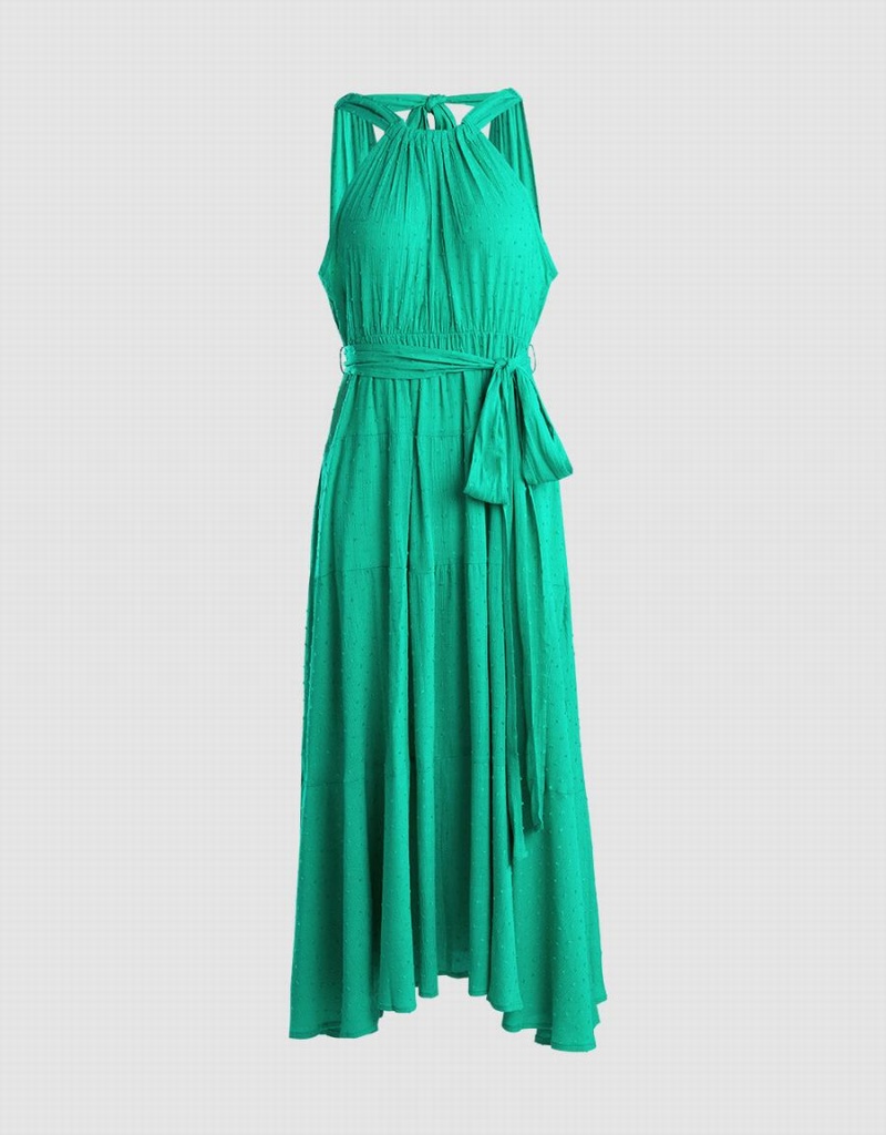 Urban Revivo Halter Belted Sleeveless Maxi Women\'s Dress Green | RZB727OU