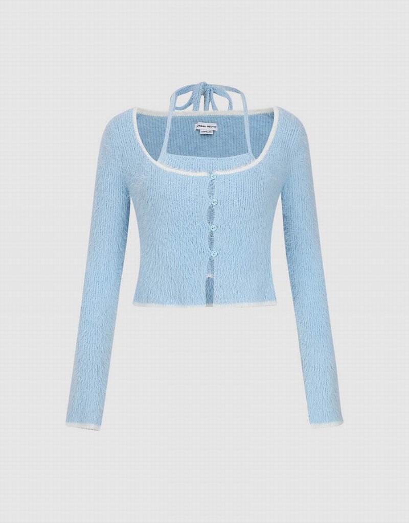 Urban Revivo Halter Neck 2 In 1 Knitted Women's Cardigan Blue | MKM4139MA