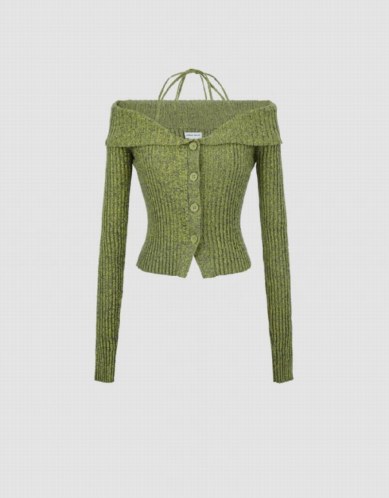 Urban Revivo Halter Neck Off-Shoulder Knitted Women's Cardigan Green | SUZ753LF