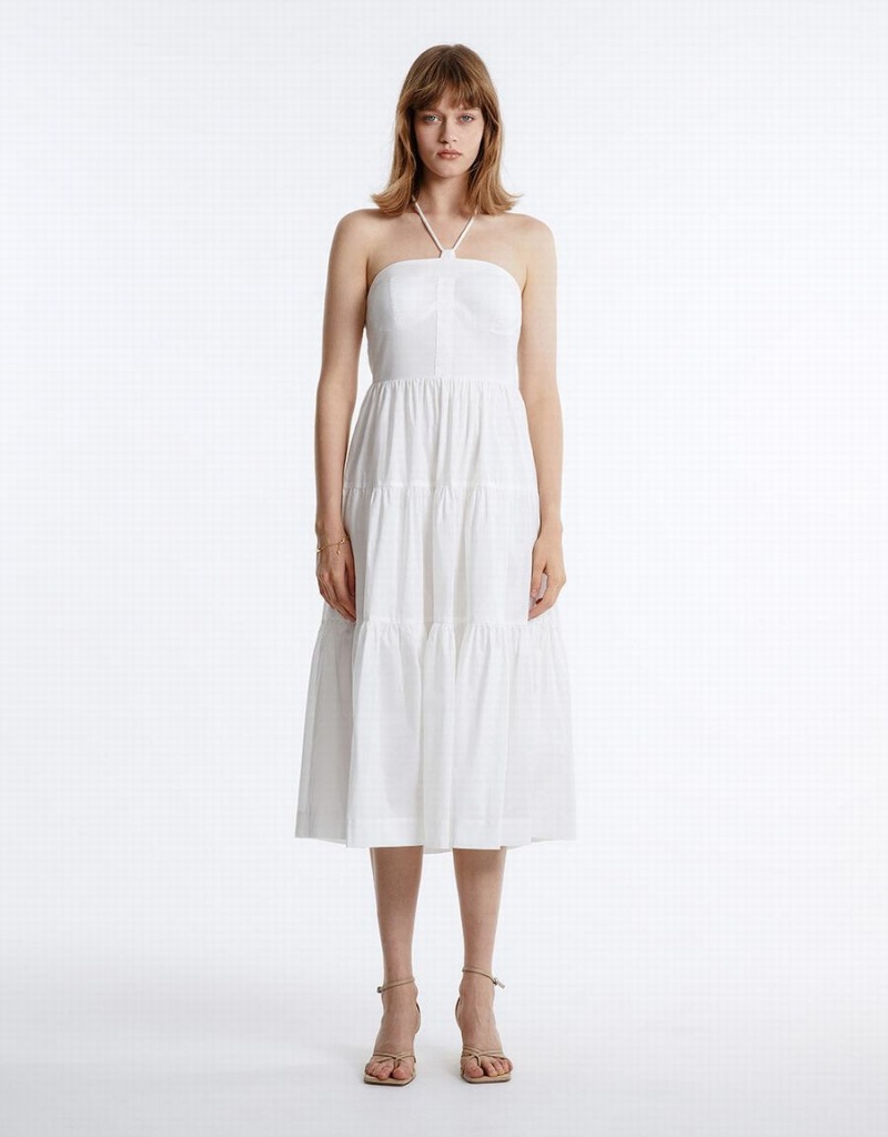 Urban Revivo Halter Tiered Midi Women's Dress White | MUN433UD