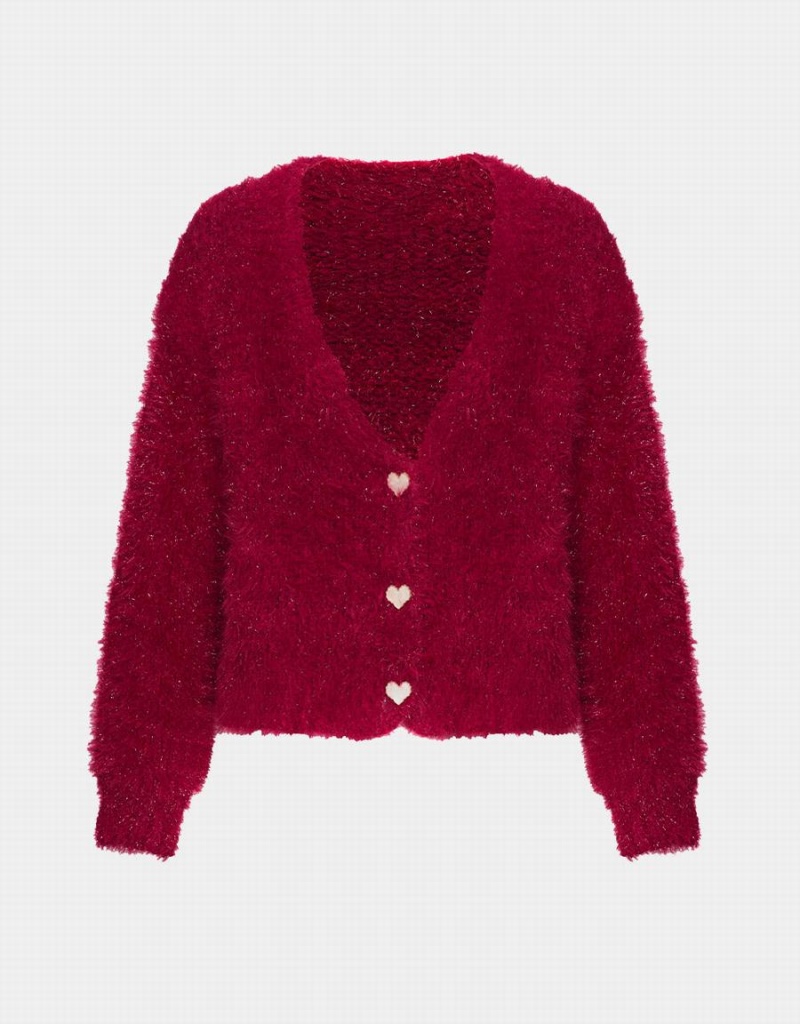 Urban Revivo Heart Button Fluffy Women\'s Cardigan Red | UKT6717CV