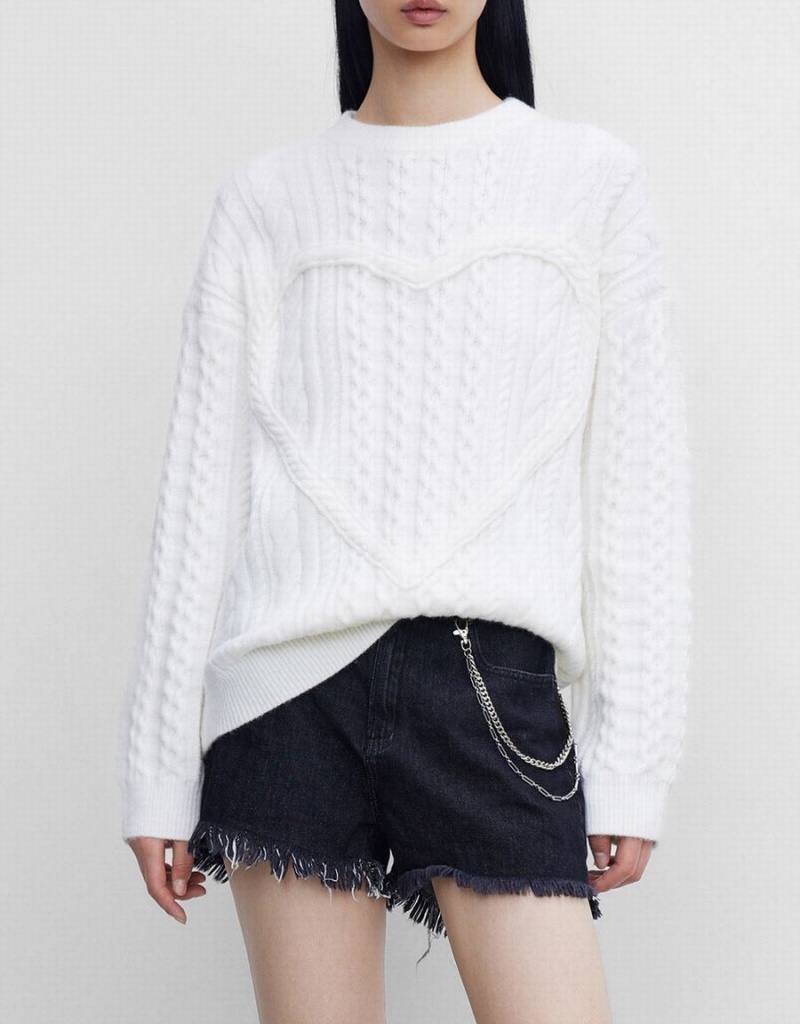 Urban Revivo Heart Cable Knit Women's Sweaters White | OIE1216KI