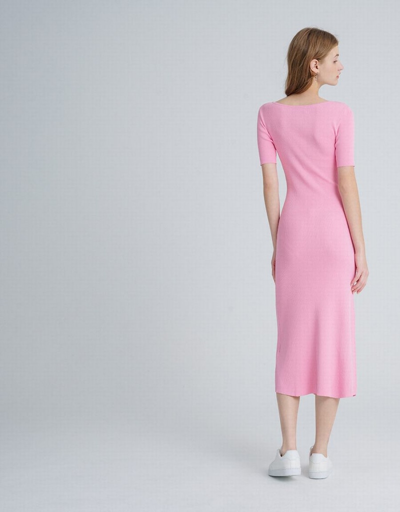 Urban Revivo Heart Cut Out Ribbed Knit Women's Dress Pink | UHQ7883VO